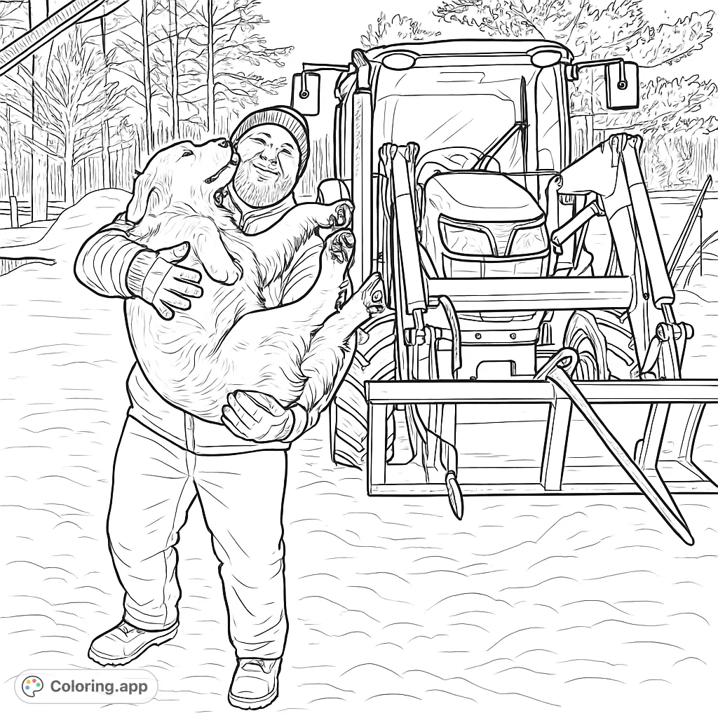 A heartwarming scene featuring a person holding a playful puppy in a snowy farm setting, complete with a prominent tractor.