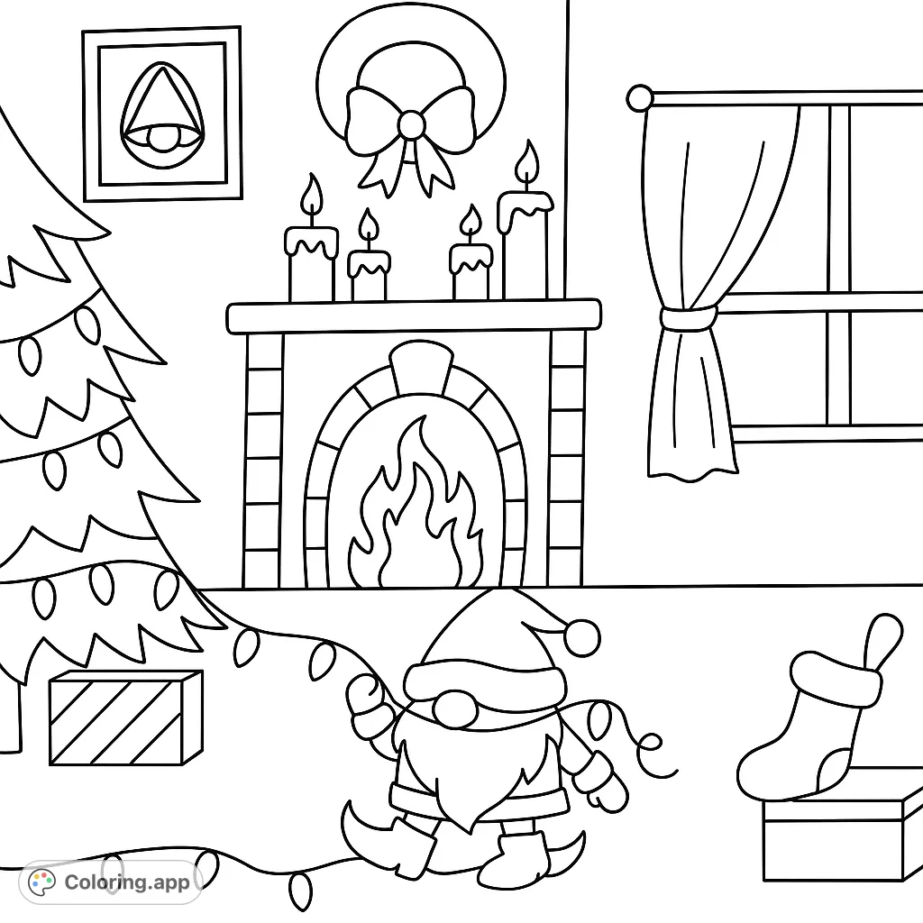 A charming holiday scene featuring a cute gnome, a decorated tree, and a cozy fireplace, perfect for festive coloring fun.