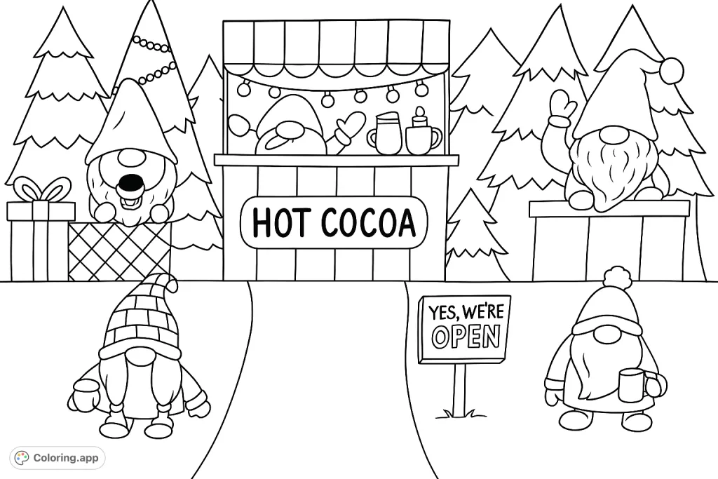 A charming scene with festive gnomes running a hot cocoa stand, surrounded by decorated pine trees and gifts, perfect for holiday coloring fun.