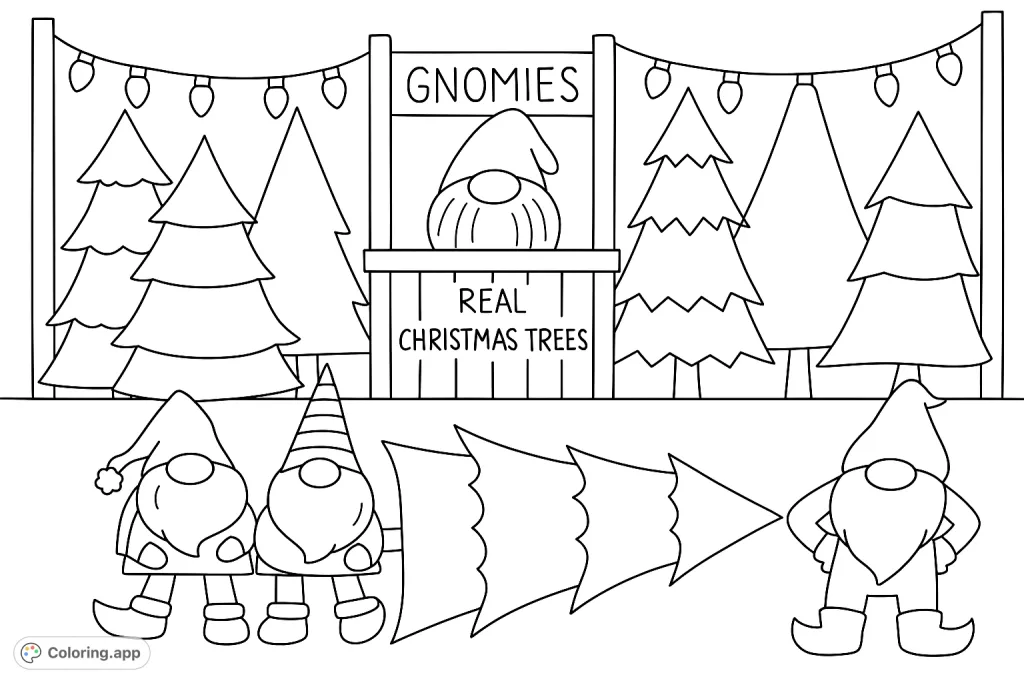 A charming holiday coloring page featuring whimsical gnomes at a Christmas tree sales stand, perfect for festive coloring fun.