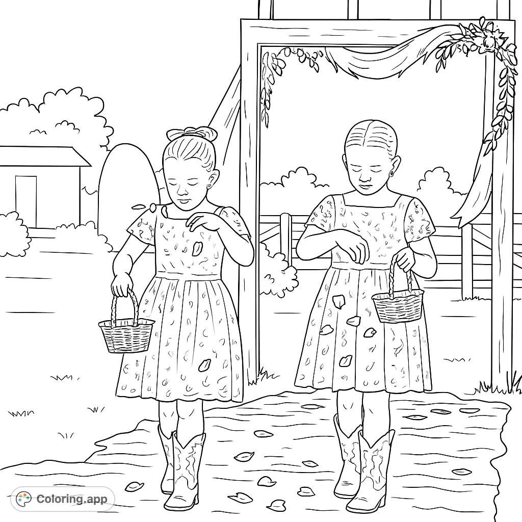 Charming flower girls in lace dresses and cowboy boots scatter petals down an outdoor aisle, adding a whimsical touch to a special occasion.