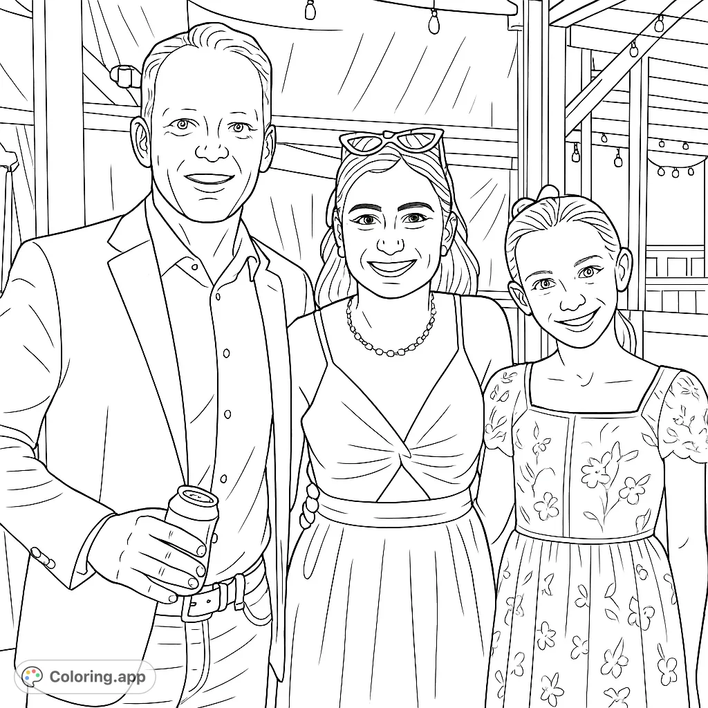 Capture the joy of a special occasion with three smiling individuals. Features a man, a young woman with a unique dress, and a cheerful girl, set against a festive background.