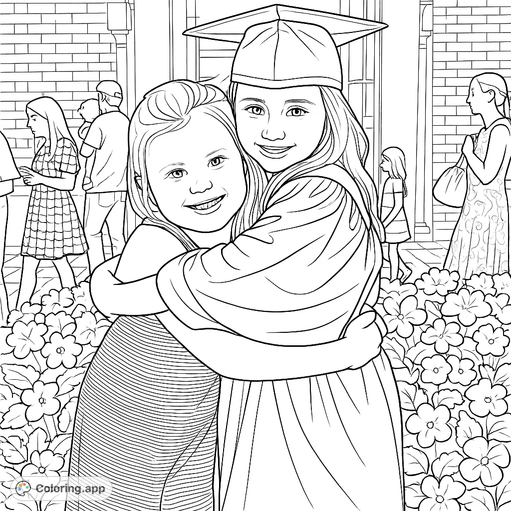A heartwarming graduation scene featuring two smiling girls in a loving embrace, surrounded by celebratory flowers and architectural details. Perfect for celebrating milestones.