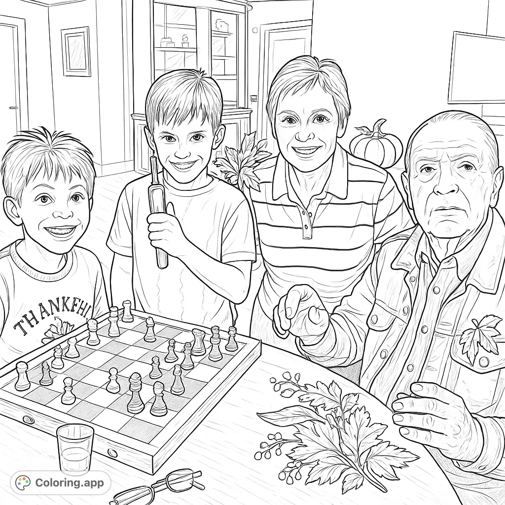 Capture a heartwarming family moment with this detailed chess game coloring page. Enjoy coloring a multi-generational group focused on strategy and fun.