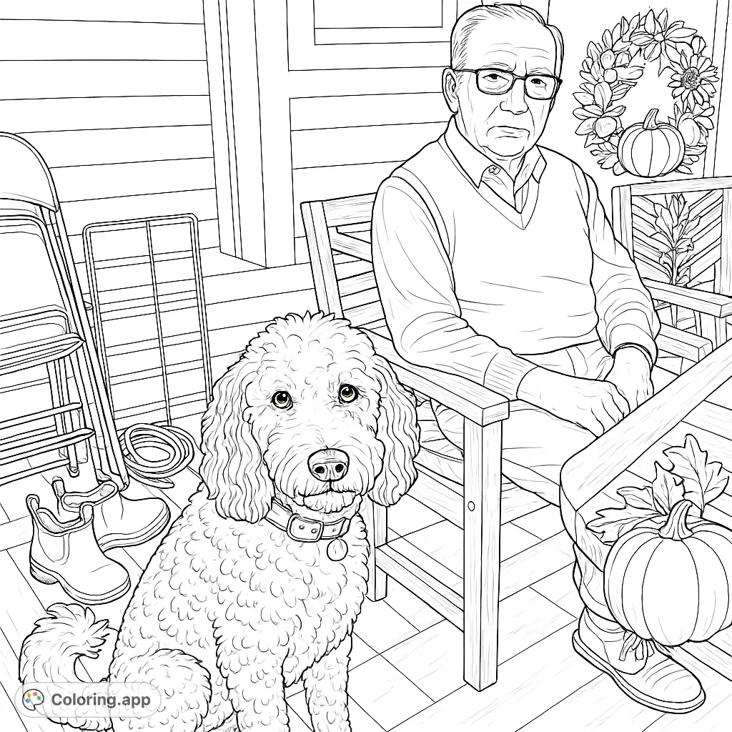 A heartwarming scene featuring a gentleman and his shaggy-haired companion seated on a porch, surrounded by everyday details, ready for a cozy coloring adventure.