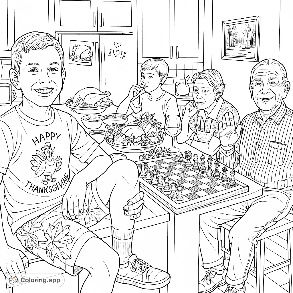 Gather for Thanksgiving! This detailed coloring page features generations enjoying chess, cards, and a festive spread, creating cherished family memories.