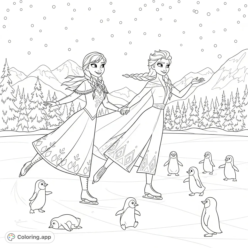 Join Anna and Elsa from Frozen as they glide elegantly on ice with playful penguins. A magical winter wonderland scene perfect for a free printable coloring page.