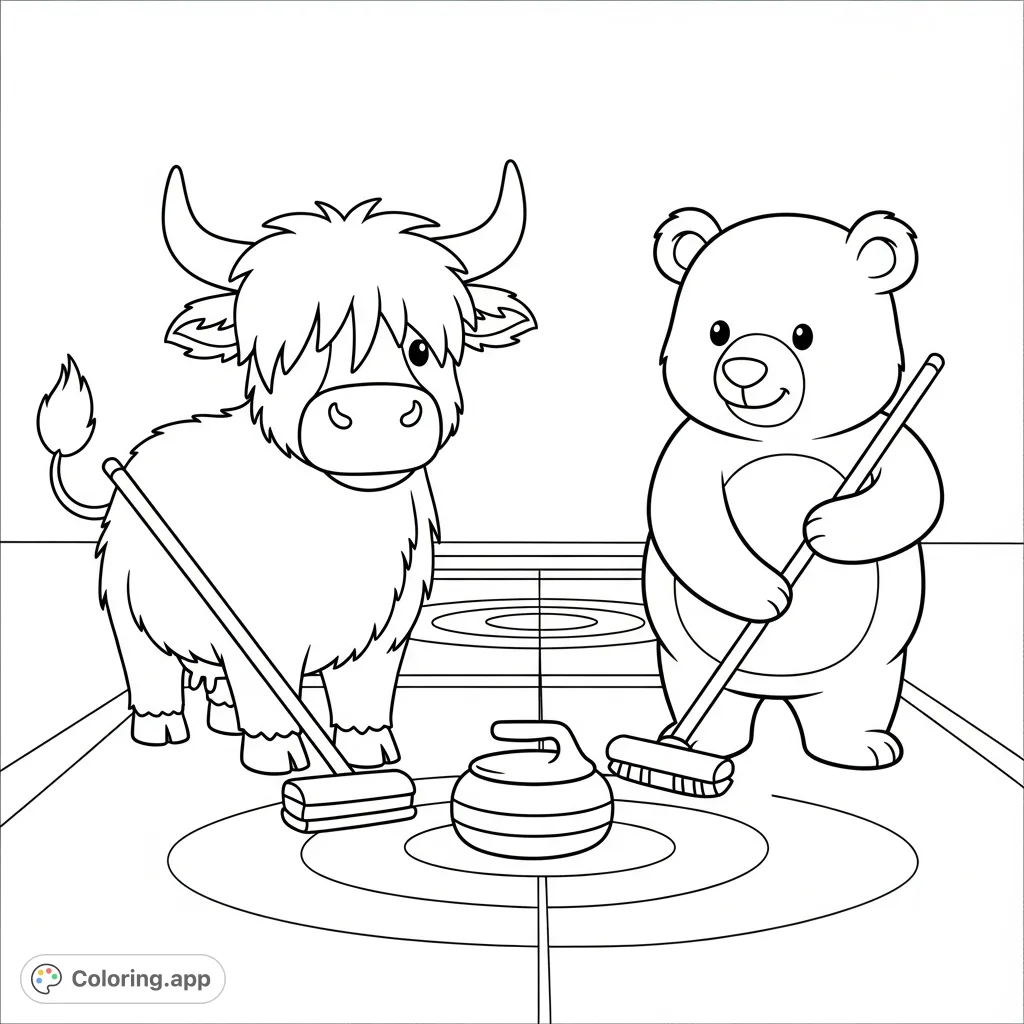 A whimsical scene featuring a cartoon highland cow and a polar bear enjoying a curling game on a detailed ice rink. Perfect for a fun, arctic-themed coloring page.