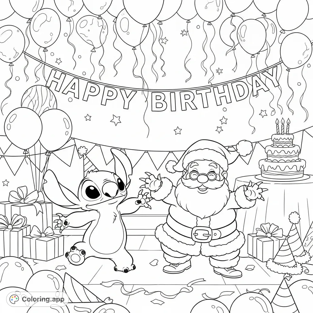 Join Stitch and Santa Claus as they dance joyfully at a fun-filled birthday party, surrounded by festive balloons, presents, and a delicious cake!