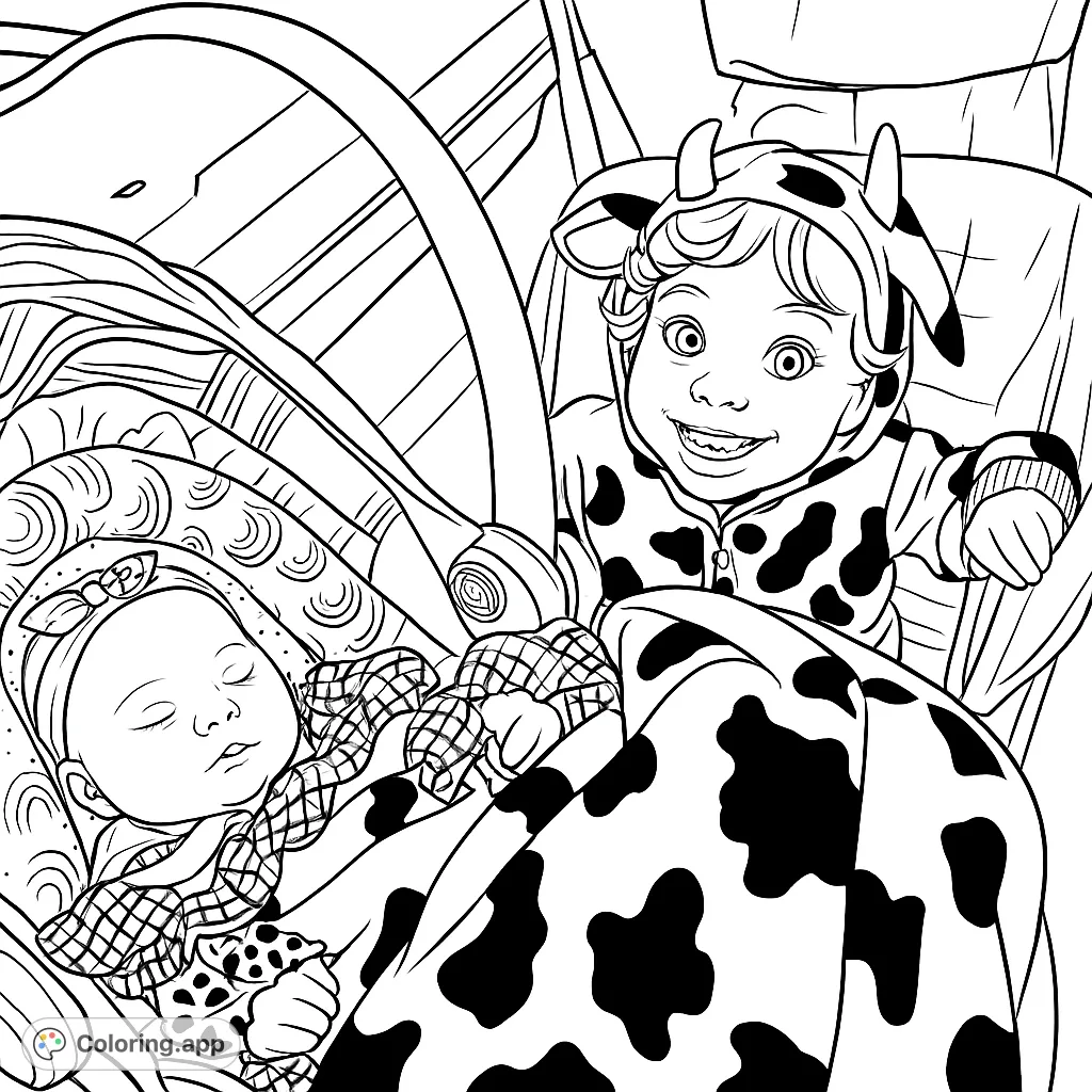 An adorable coloring page featuring two charming infants: one smiling in a fun cow costume, the other peacefully sleeping in a car seat. Perfect for family fun.
