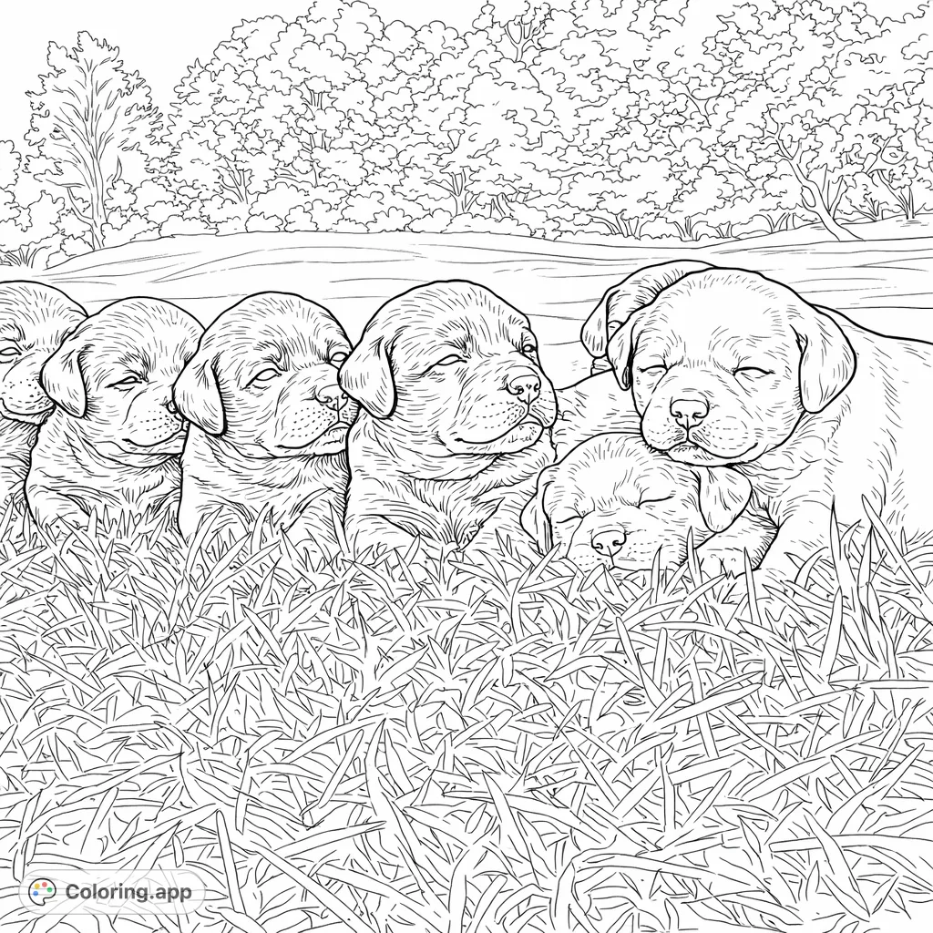 An adorable line-up of puppies resting in a grassy field, with a backdrop of trees. This charming puppy coloring page offers a delightful scene for all ages.