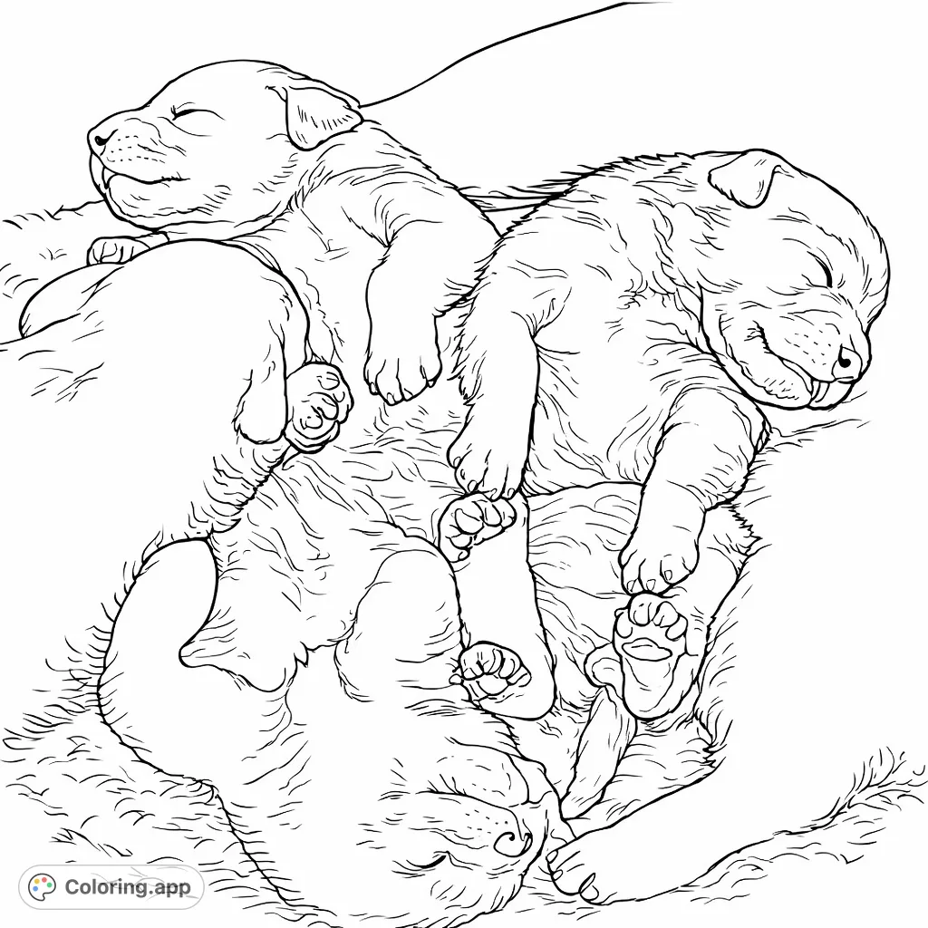 Snuggle up with this adorable puppy coloring page! A pile of peaceful, sleeping pups invites a soft palette for a heartwarming scene.