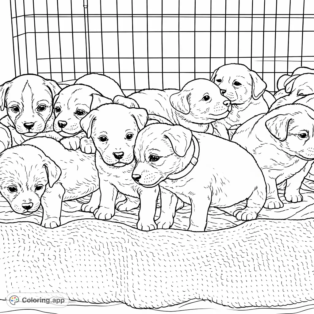 A heartwarming group of adorable puppies nestled together in their enclosure, ready for you to bring their playful spirit to life with your favorite colors.