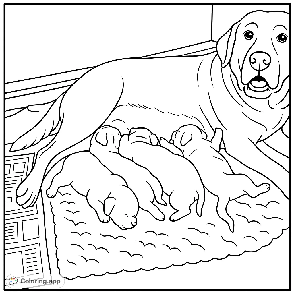 Discover a heartwarming scene of a mother dog nurturing her adorable newborn puppies. This free printable animal coloring page is perfect for pet lovers and families.