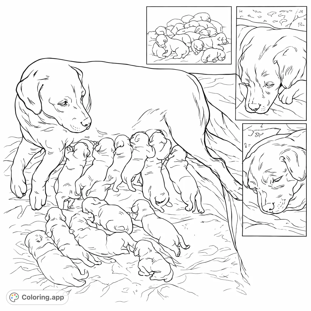 Discover a heartwarming scene of a mother dog with her large litter of newborn puppies. A tender moment of nurturing in a cozy setting, perfect for coloring.