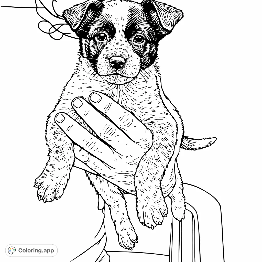An endearing speckled puppy rests gently in caring hands, its distinctive markings and soft fur waiting to be brought to life with your chosen colors.
