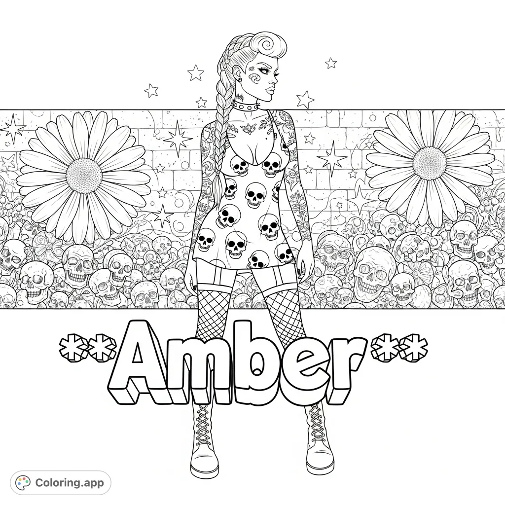 A striking gothic punk woman, Amber, in a skull-print dress, fishnets, and boots, poses against a detailed graffiti wall with daisies, skulls, and celestial designs.