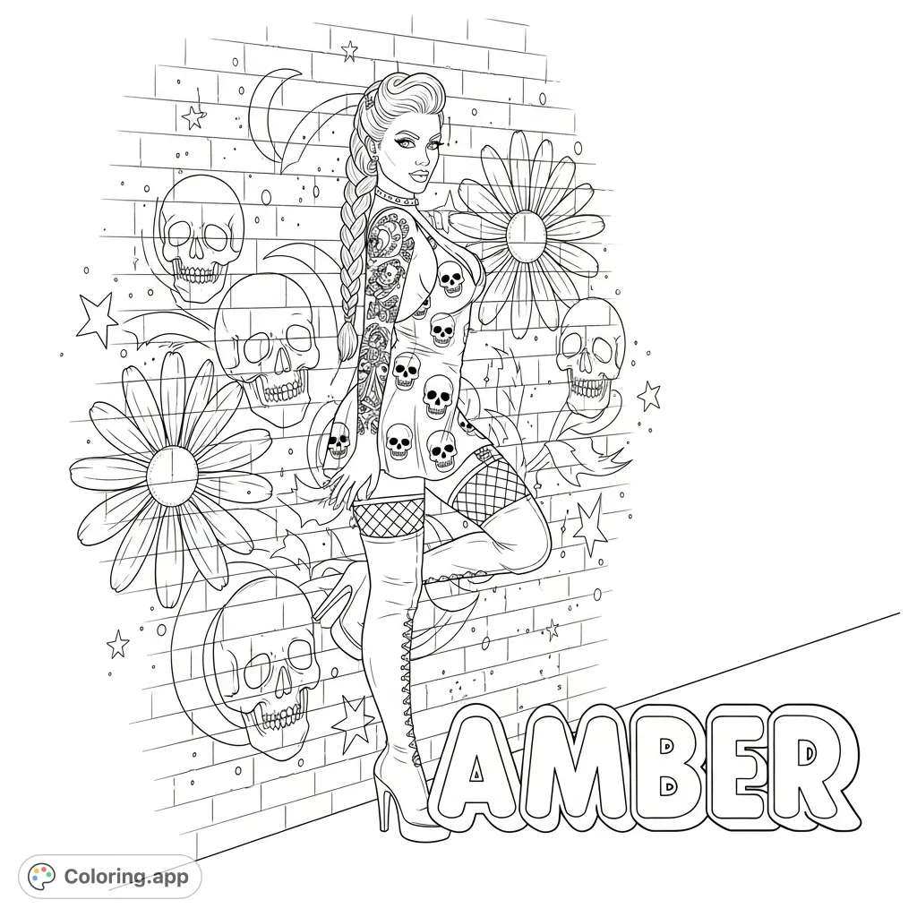 An edgy gothic woman with braided hair and skull-print dress, showcasing intricate tattoos against a graffiti brick wall with daisies, skulls, and "Amber".