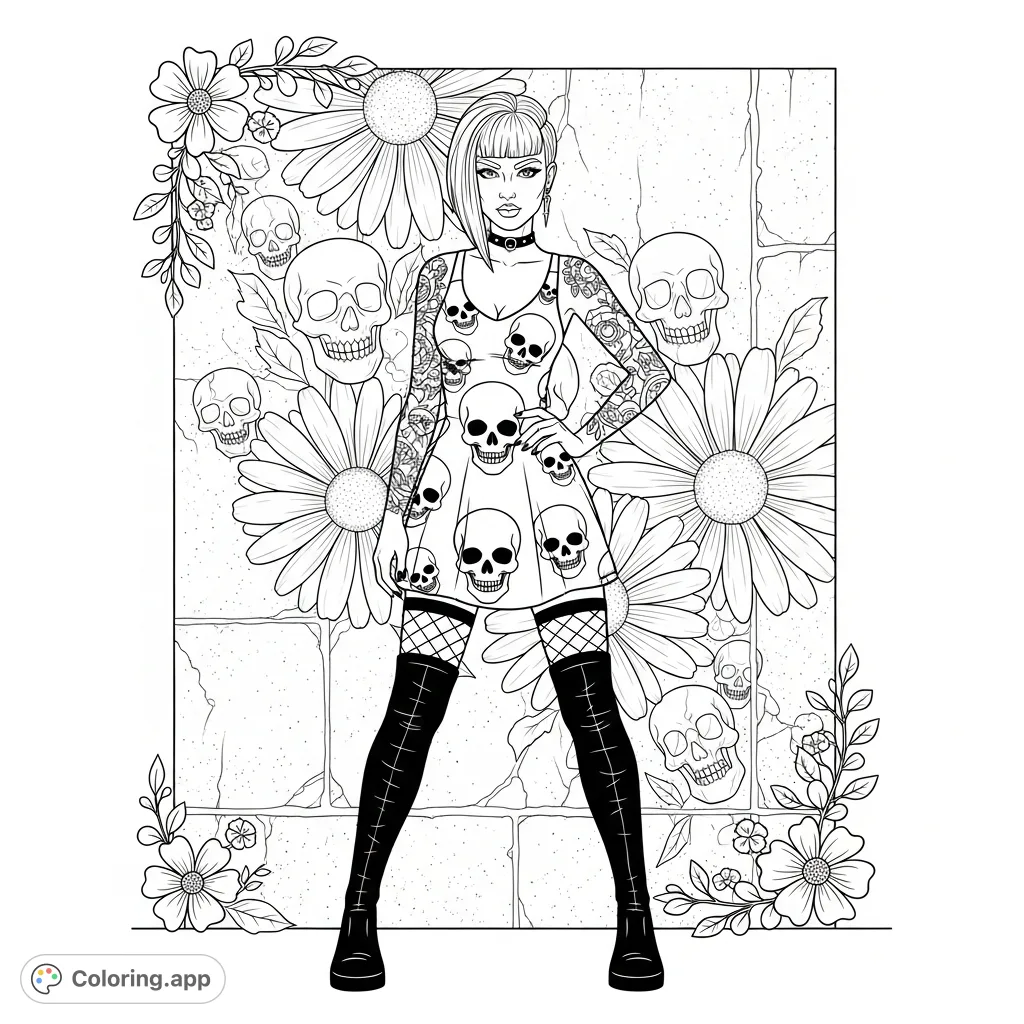 An edgy gothic punk woman coloring page featuring a confident pose, punk fashion, skull prints, fishnet stockings, intricate tattoos, and graffiti background.