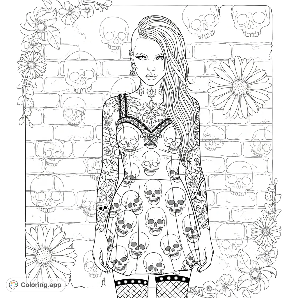An intense gothic punk woman coloring page featuring a skull-patterned dress, elaborate tattoos, and fishnet stockings against a graffiti brick wall.