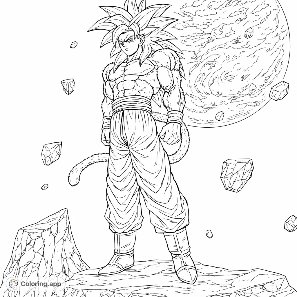 A powerful Super Saiyan 4 character stands heroically on a rocky outpost with a planet background. An action-packed anime-inspired coloring page.