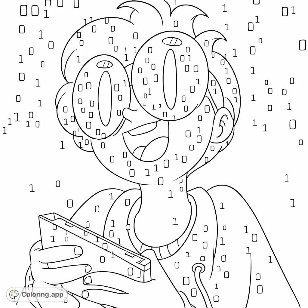 Dive into the digital realm! A joyful character with large glasses and spiky hair smiles, surrounded by a captivating cascade of binary code. A fun tech-themed coloring adventure.