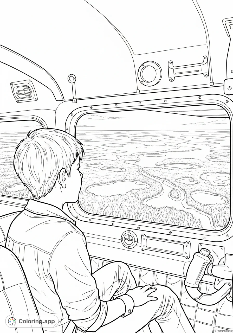 Join Brian Robeson on a quiet journey over a vast northern wilderness in his Cessna 406 plane. A detailed scene of introspection and natural expanse.