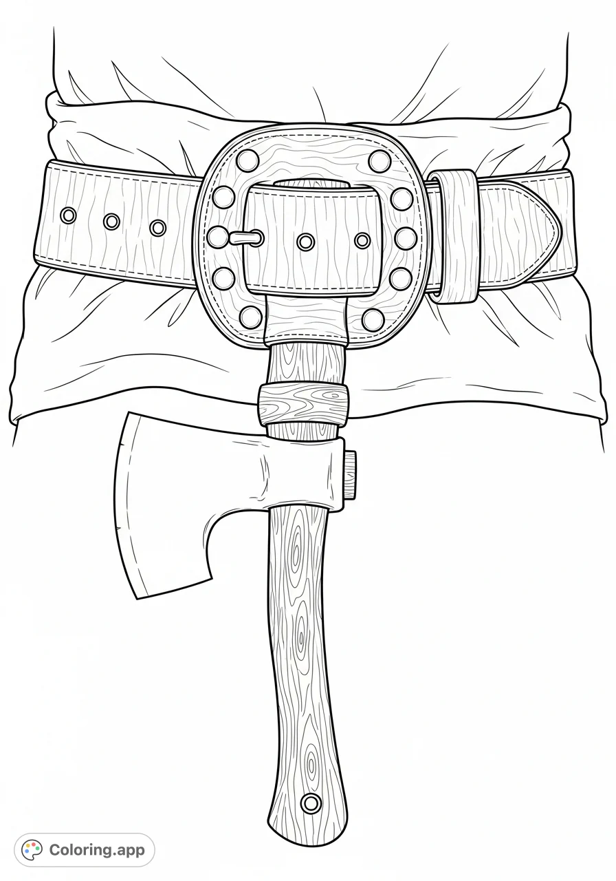 Explore a free printable Brian's Hatchet Belt coloring page, featuring rustic leather, brass rivets, and a sturdy hatchet for adventure enthusiasts.