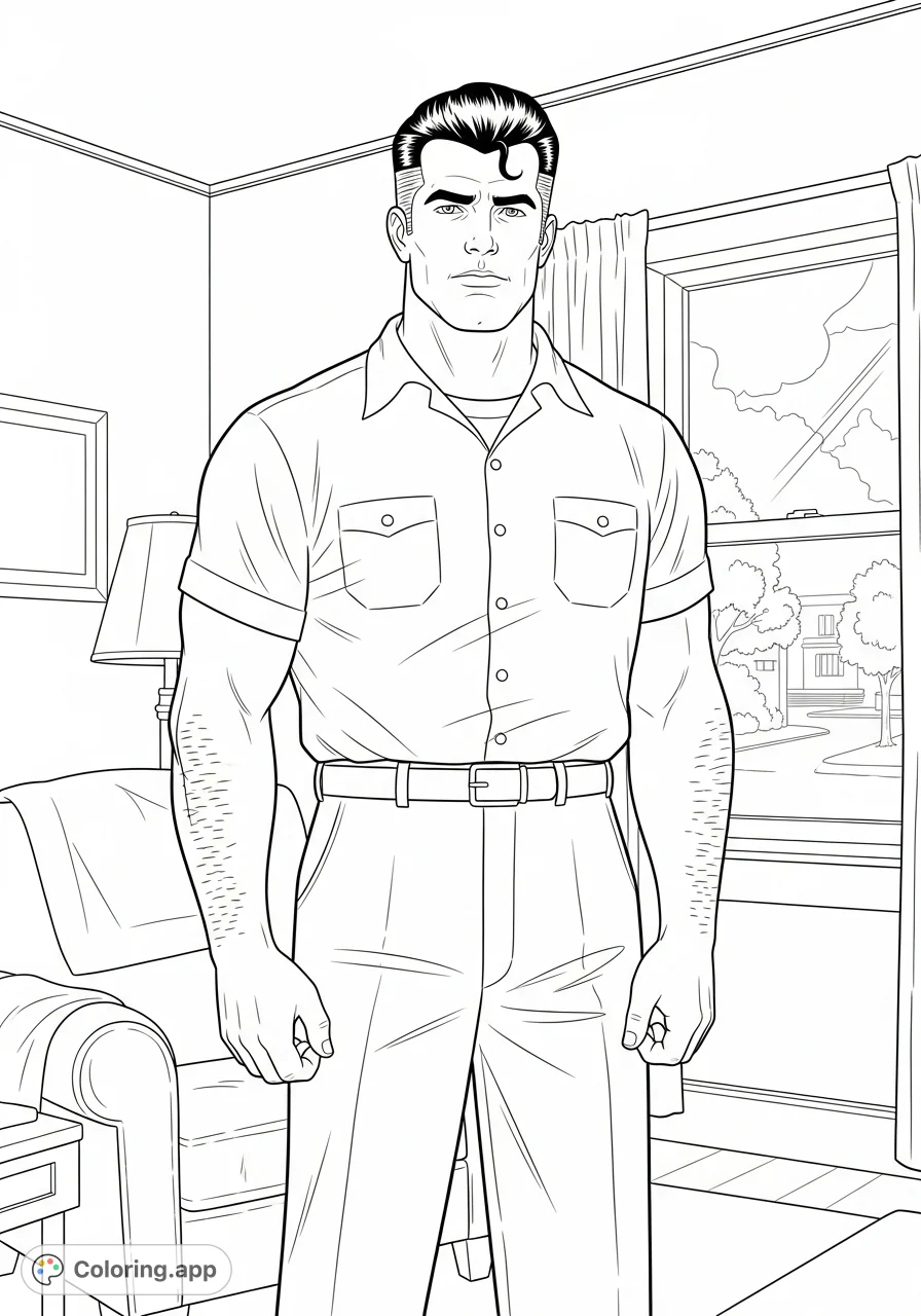 Color this powerful Darry Curtis portrait, capturing his strength, serious expression, and classic greaser style from The Outsiders. Perfect for fans!