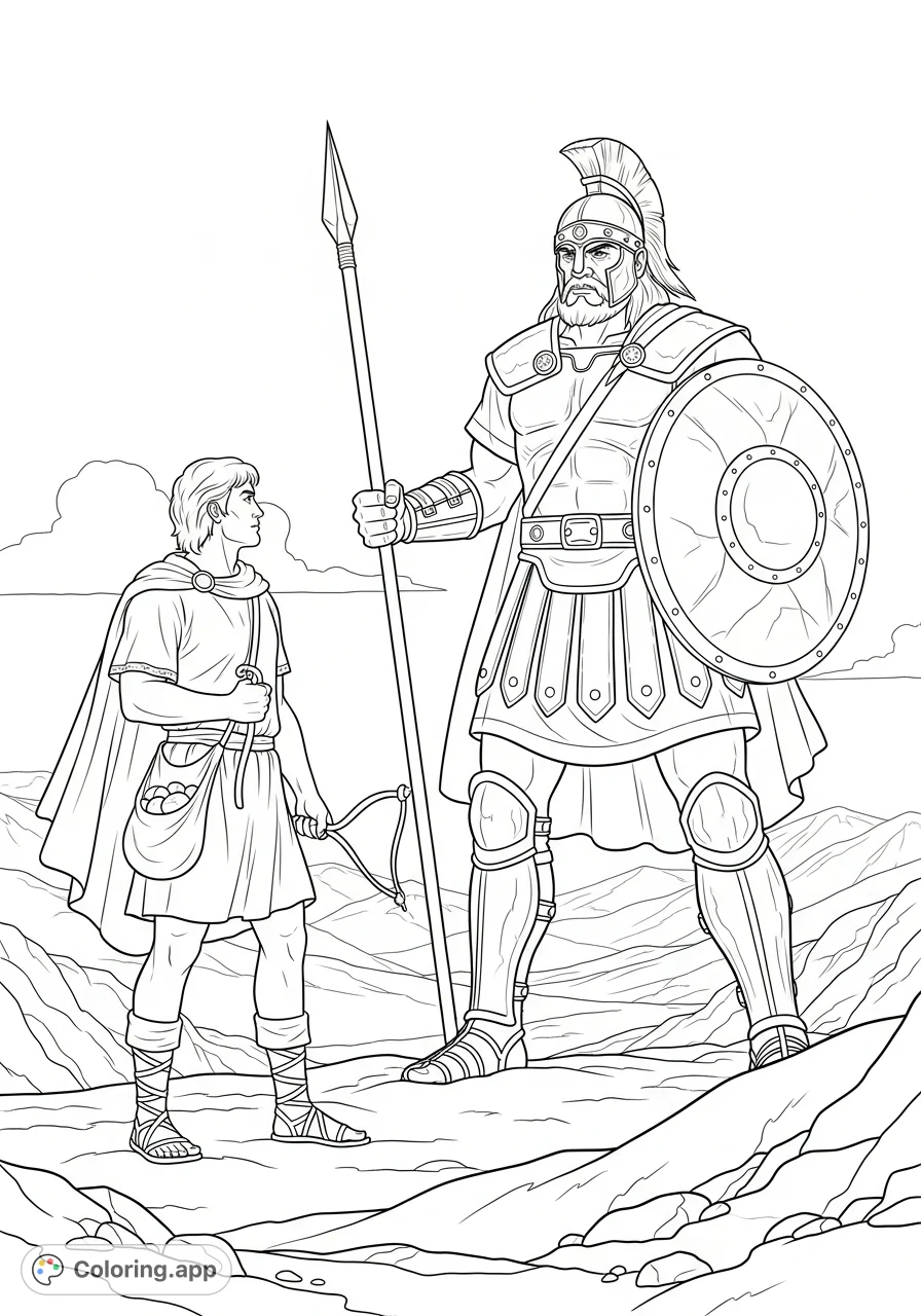 An epic biblical scene featuring David facing the formidable giant Goliath, poised for battle. A powerful, inspiring image to color for all ages.
