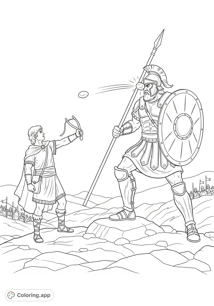 Experience the iconic David and Goliath story. A young shepherd confronts the giant warrior on the battlefield, sling and stone in hand, embodying courage and faith.
