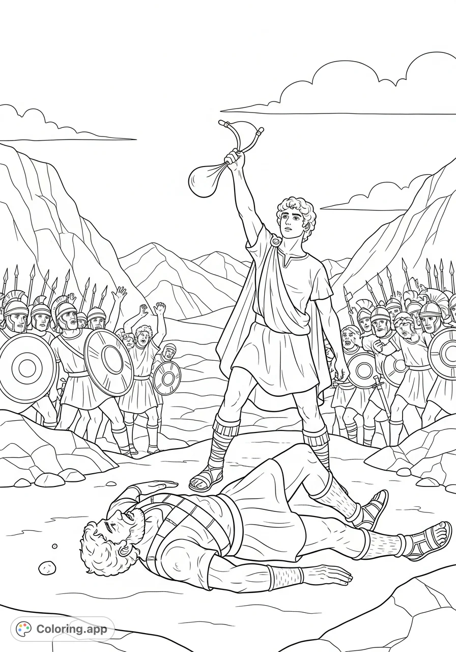Witness David's triumph over Goliath! This powerful coloring page captures the iconic moment of faith and courage, inspiring all ages with a timeless story.