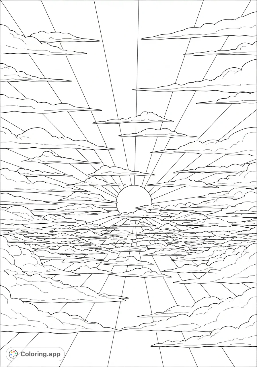 Immerse yourself in a captivating dramatic sky horizon coloring page featuring layered clouds and fanning light rays. A serene and boundless celestial scene awaits your creative touch.