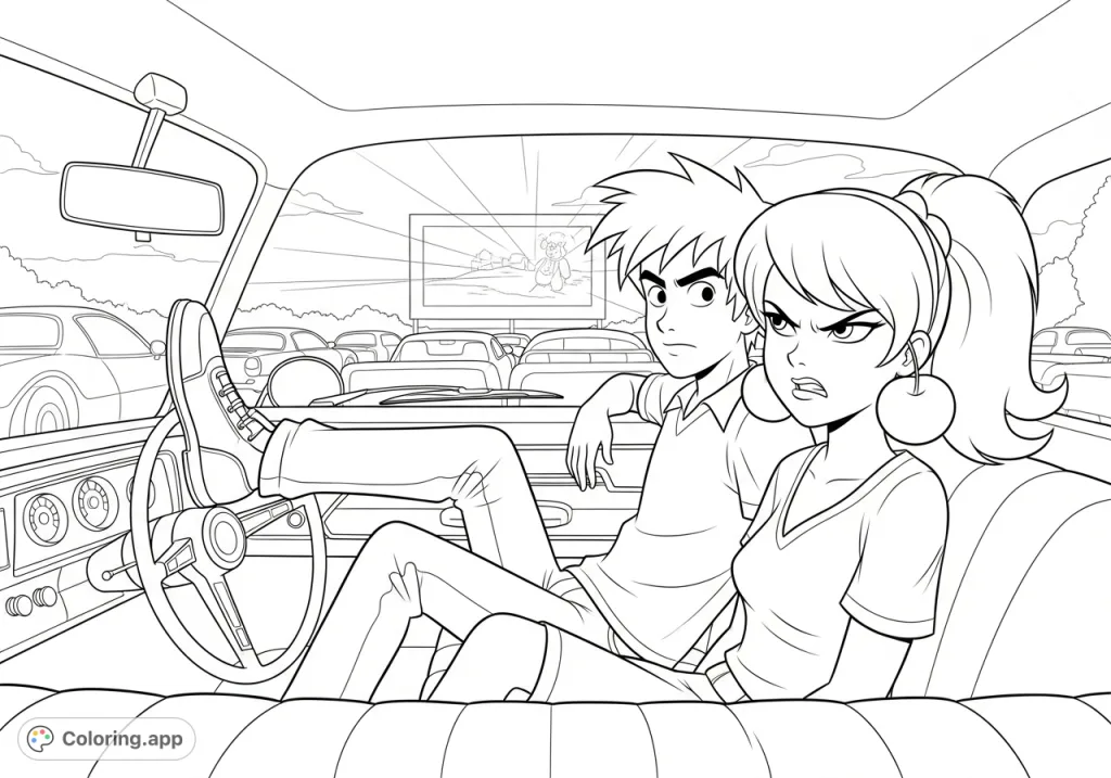A classic drive-in movie scene featuring Dally with his foot on Cherry's chair, her expression showing clear irritation. A nostalgic glimpse into a timeless era.