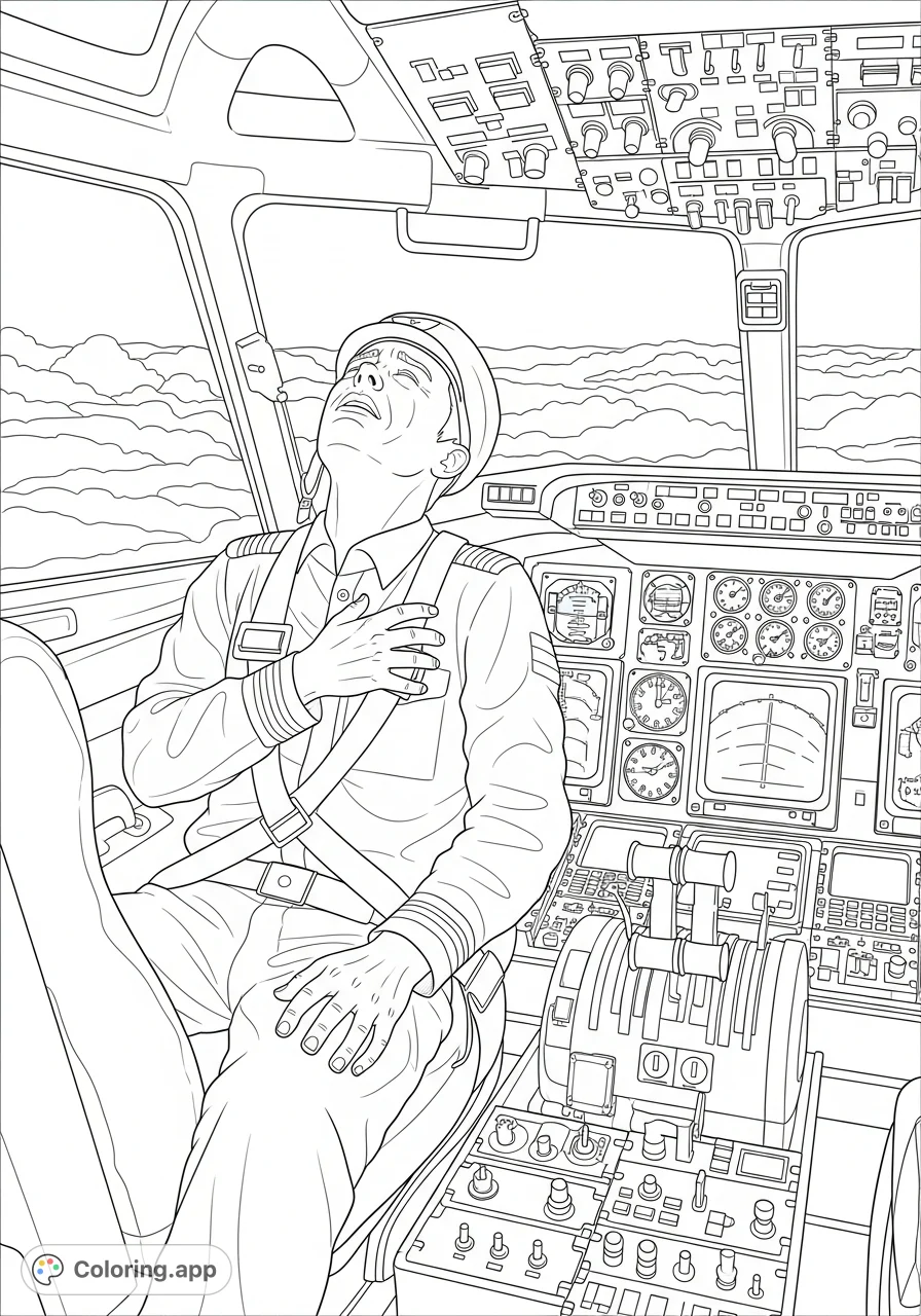 A striking pilot emergency coloring page depicting a pilot in distress within a detailed cockpit, offering a thoughtful and complex coloring experience.