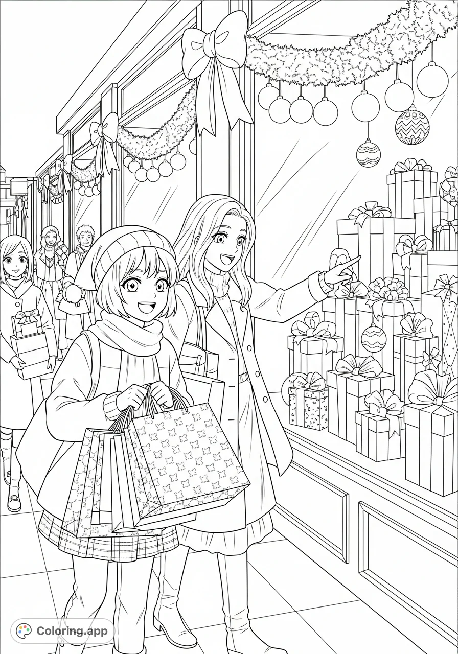 Dive into a lively anime holiday shopping scene! Two characters explore a festive marketplace, surrounded by gifts, decorations, and other shoppers. Perfect for anime fans.
