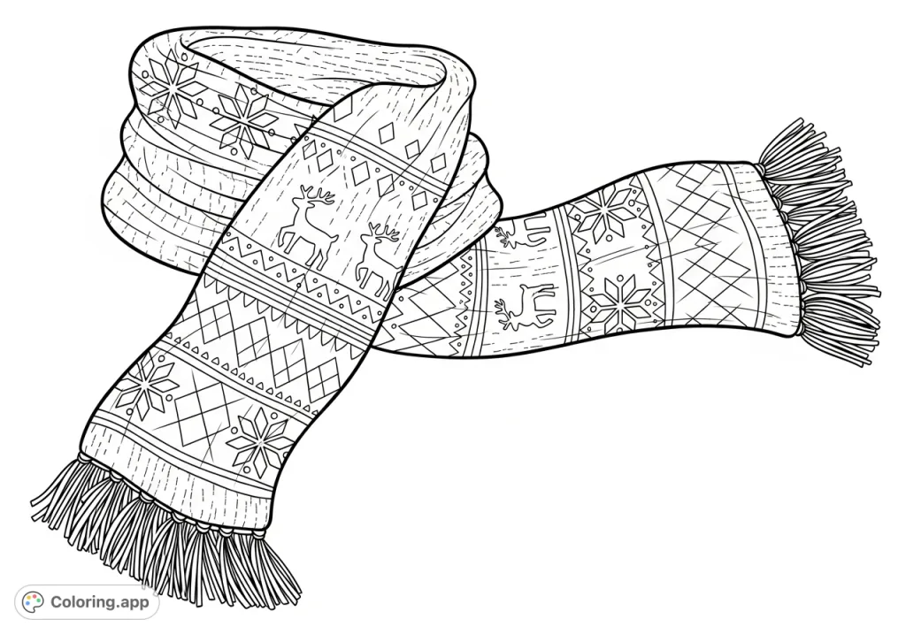 Drape yourself in the festive spirit with this holiday scarf coloring page. Features knit textures, snowflakes, and reindeer for a cozy winter season creative escape.