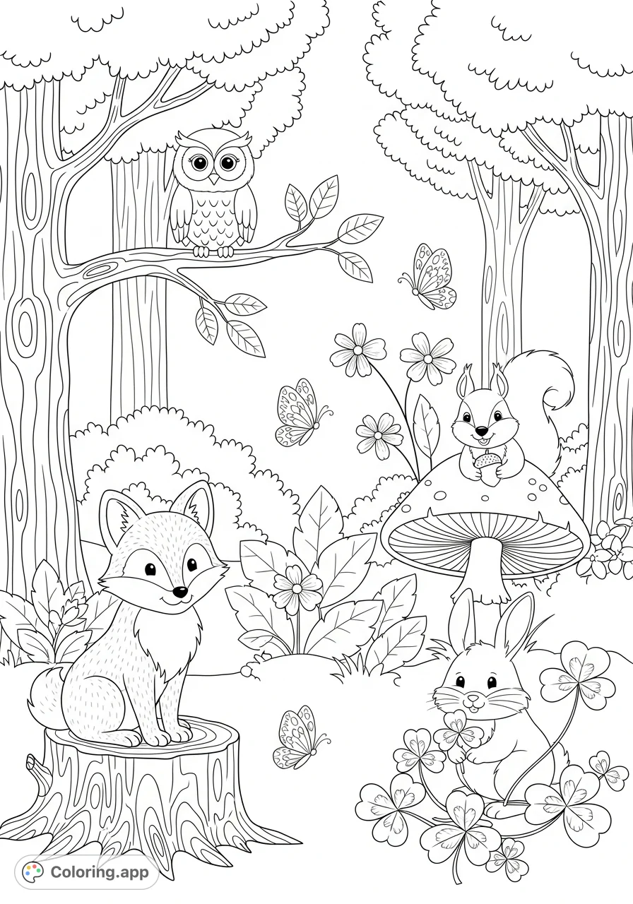 Discover a charming forest scene with friendly animals like a fox, owl, rabbit, and squirrel, surrounded by intricate foliage and playful butterflies. Perfect for all ages!