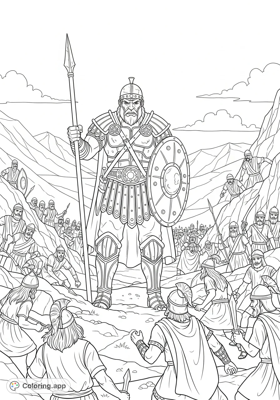 An epic biblical scene depicting Goliath's challenge and the Israelite army's fear. A powerful image for reflection and storytelling.