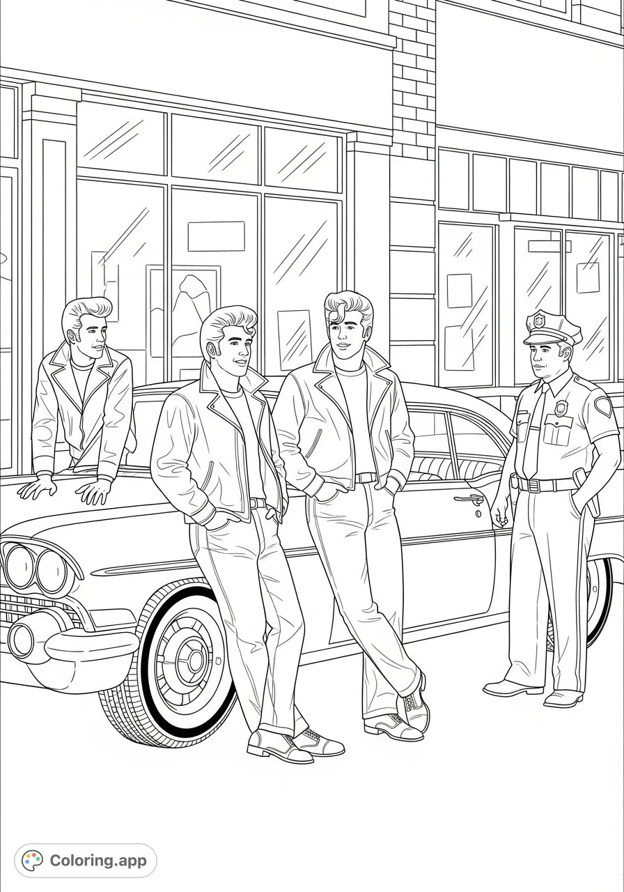 Step into a classic street scene with greasers and a police officer, featuring a vintage car and detailed urban backdrop. A retro coloring page!
