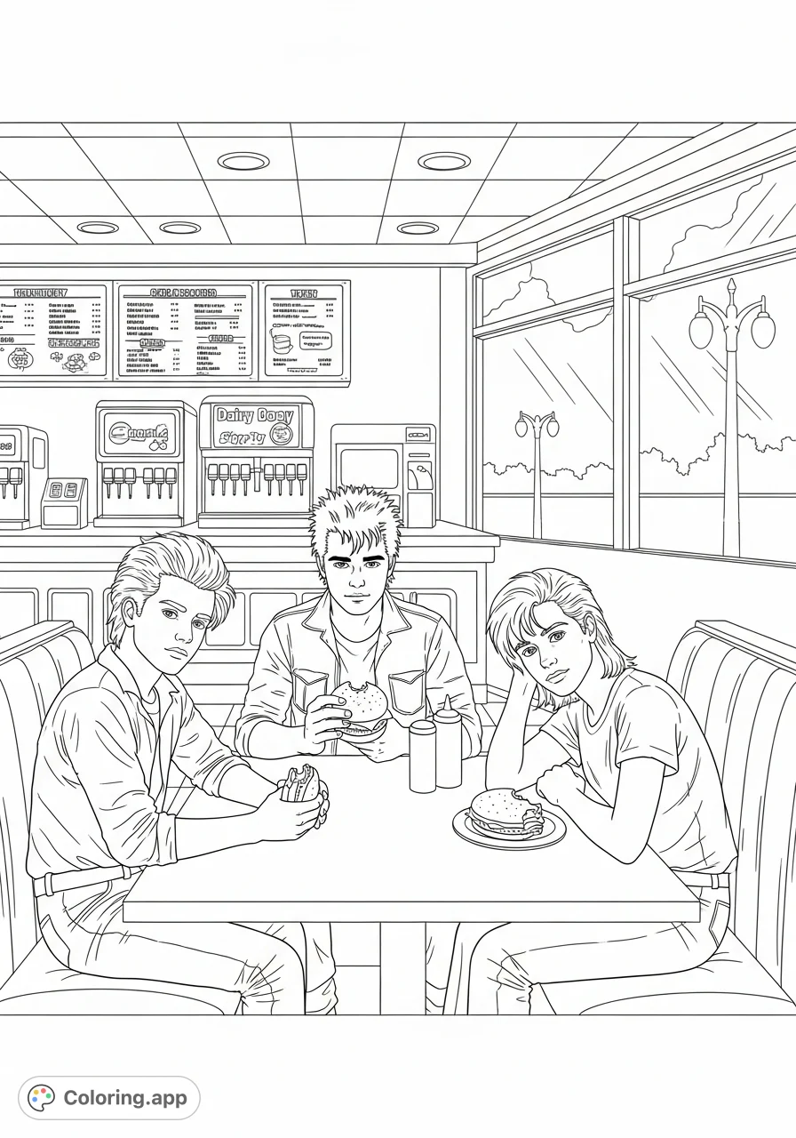 Join Johnny, Dally, and Ponyboy from The Outsiders enjoying burgers at a classic Dairy Queen. A nostalgic scene perfect for fans.