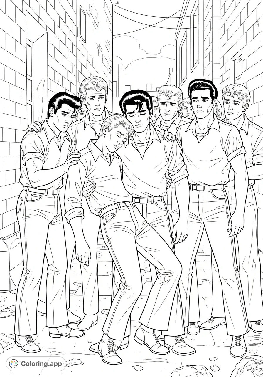 A powerful Greasers coloring page depicting Dally and fellow gang members offering support to a weary Johnny Cade in an urban alley, highlighting loyalty and friendship.