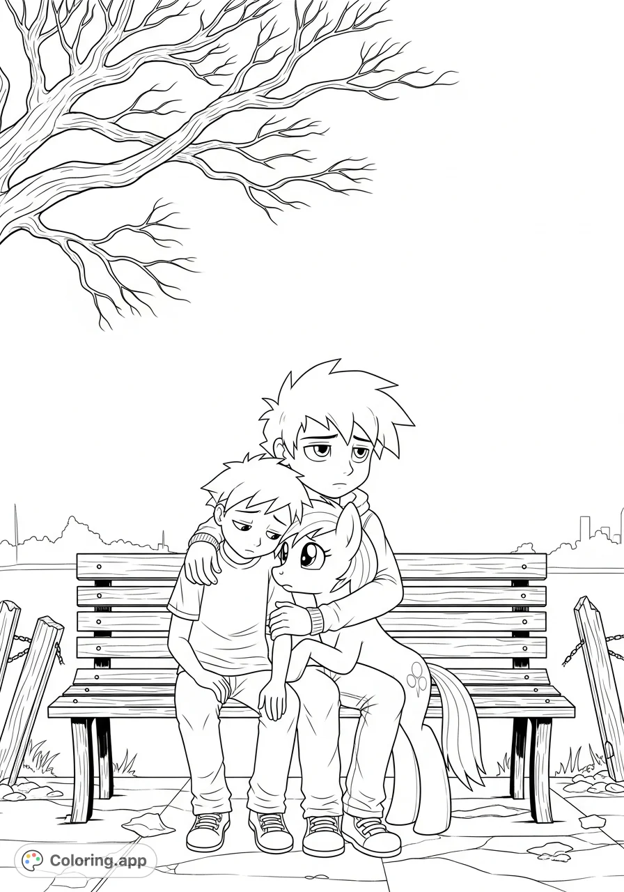 Depicts Johnny and Pony sitting together on a worn bench, their expressions reflecting isolation and loneliness against a sparse, contemplative backdrop.