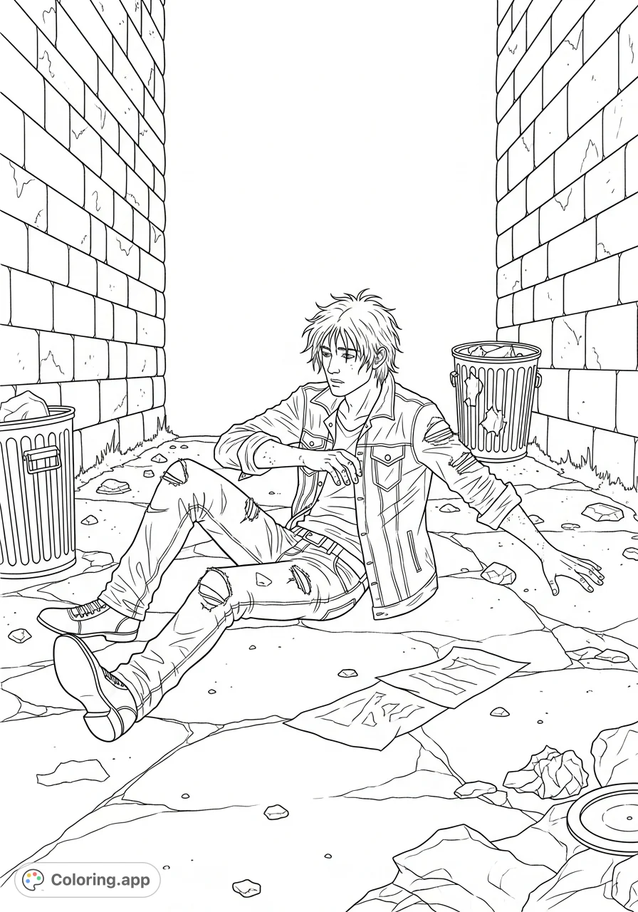 Explore the poignant scene of Johnny Cade after a harsh confrontation, isolated in a desolate alley. A powerful coloring page focusing on emotion and environment.