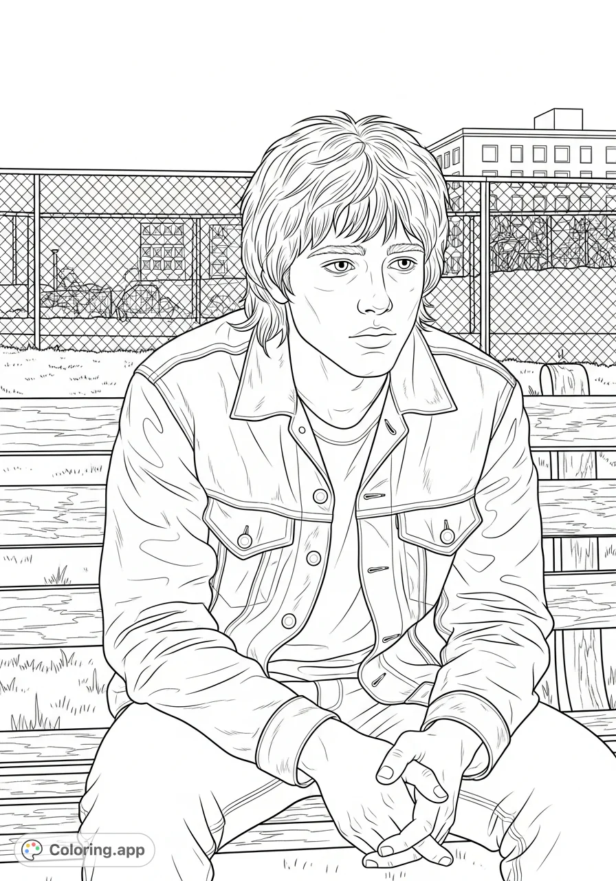 Capture Johnny Cade from The Outsiders in a reflective moment, featuring his iconic shaggy hair, denim jacket, and sensitive expression amidst a subtle urban backdrop.