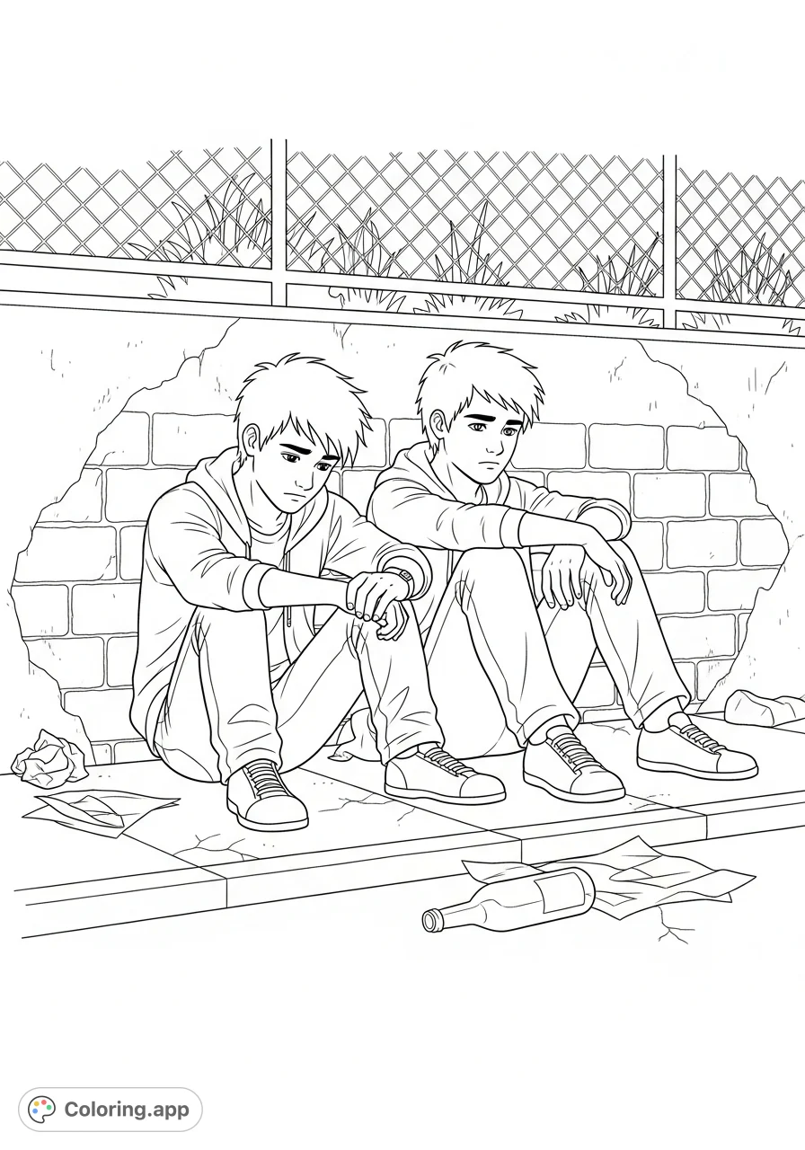 Capture the poignant isolation of Johnny and Dally, slumped against a desolate urban backdrop. A contemplative scene for reflection on friendship and emotion.