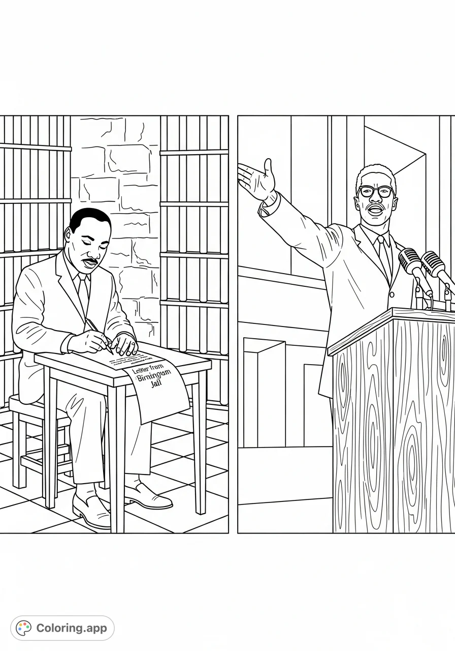 Explore history with this impactful coloring page featuring Martin Luther King Jr. and Malcolm X, highlighting their iconic speeches and contrasting visions.
