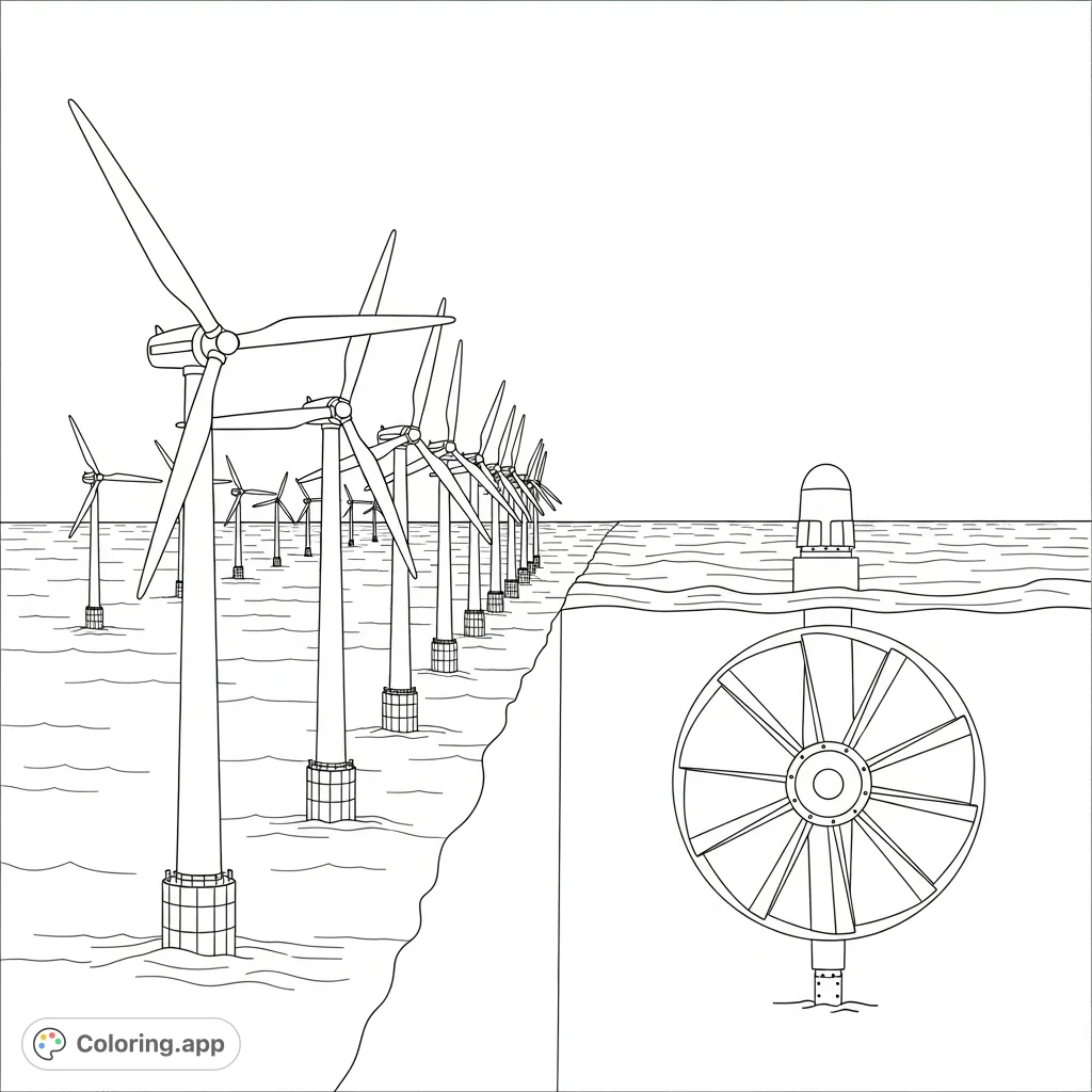 Explore a detailed scene of ocean-based renewable energy. Towering wind turbines meet submerged hydroelectric turbines, illustrating modern power generation.