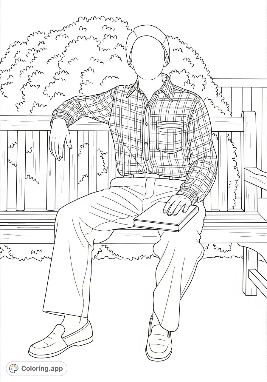 Discover a unique free printable madras shirt coloring page featuring a person in a detailed patterned shirt, seated on a bench amidst nature's textures.