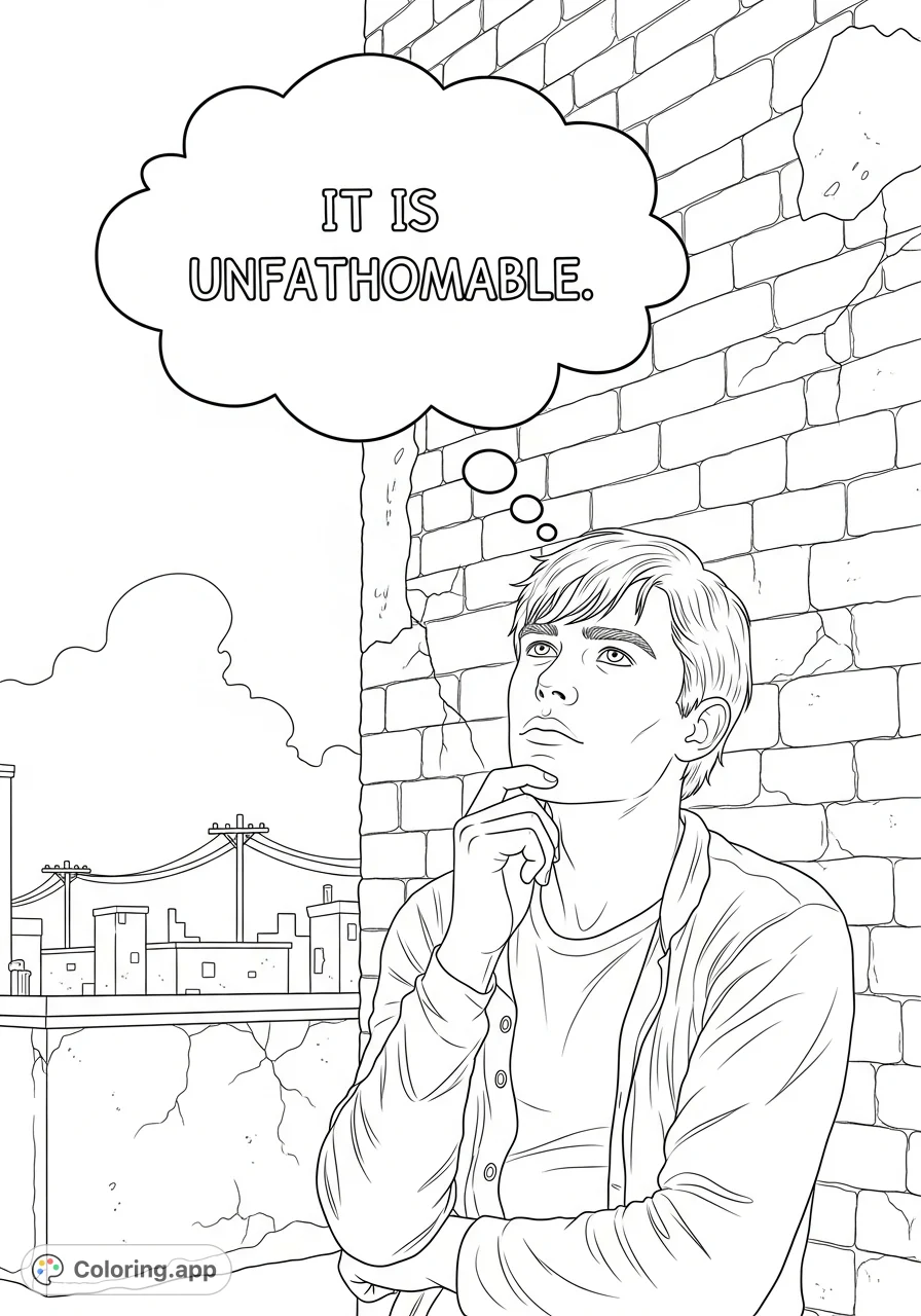 Ponyboy Curtis stands thoughtfully against a brick wall, pondering a profound idea, captured in a thought bubble with the words 'It is unfathomable'.
